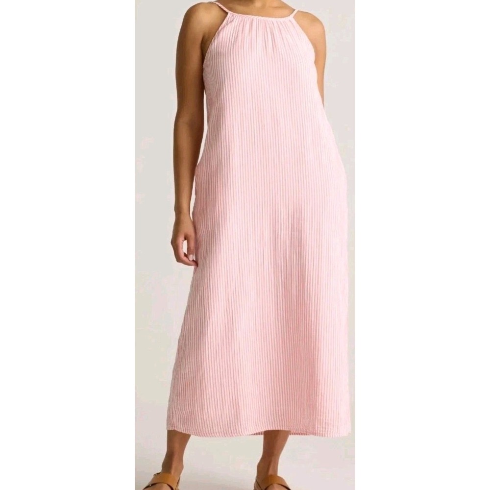 Quince Maxi Dress Large Organic Cotton Sleeveless Bayside Stripe Coral Pink READ